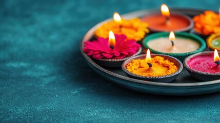 Festive diwali celebration with colorful diyas on plate indoor setting photograph vibrant atmosphere