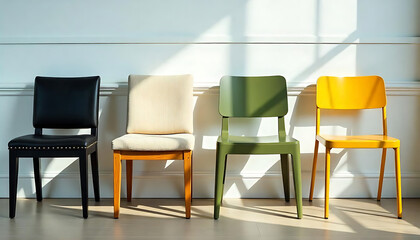 Four vintage-style chairs in different colors - black, beige, olive green, and yellow - arranged in a row against a white paneled wall, created with generative ai