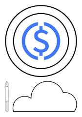 Blue dollar symbol inside circle indicates currency. Accompanied by pen and cloud. Ideal for financial services, banking, cloud computing, online transactions, saving tips, monetary policies