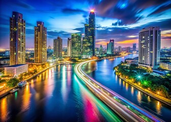 Fototapeta premium Bangkok Cityscape: Neon Lights Reflecting on Chao Phraya River at Night