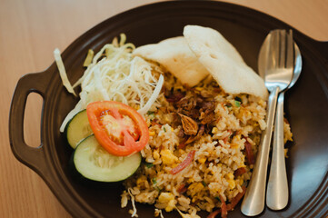 A plate of Indonesian nasi goreng or fried rice