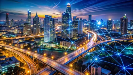 Obraz premium Bangkok Night Lights: Smart City Network Connections Long Exposure