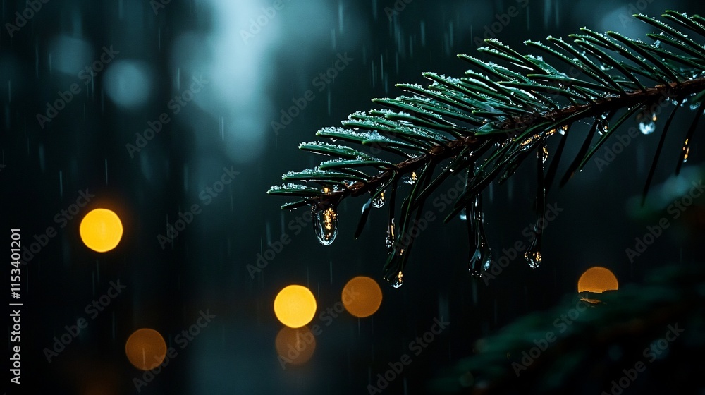 Poster rain-soaked pine branch with bokeh lights.
