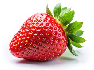 A perfect, juicy red strawberry, isolated on a white background. High-resolution food photography for packaging design.