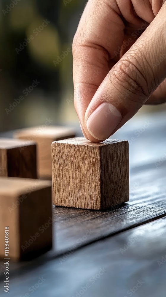 Poster hand places wooden cubes with human icons on a table, illustrating teamwork and development in a bus