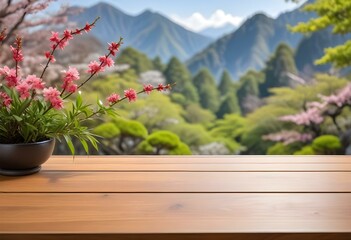 Asian table mockup with a zen garden background, perfect for product presentation and decor ideas