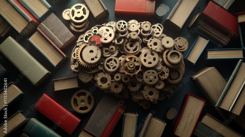 Poster intricate arrangement of metal gears forming a brain, surrounded by scattered books, symbolizing the