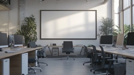 Modern office interior with large blank whiteboard, desks, and computers.