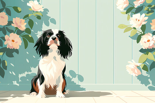 pet portraits, king charles spaniel poised gracefully in a peaceful garden, embraced by vibrant blossoms