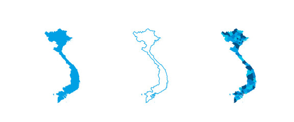 Vietnam set of three maps - solid map, outline map and map highlighting administrative divisions. Three distinct maps illustrate various representations of a geographical area.