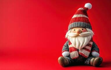 A playful Christmas gnome with a striped scarf, sitting on a bright red background