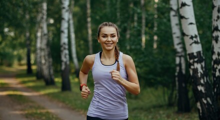 Joyful outdoor fitness journey of young caucasian female on woodland path