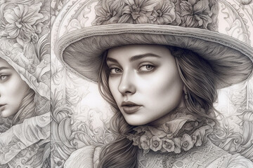 woman in a hat with flowers, portrait, retro, black and white drawing,. 