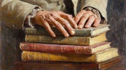 Aged Hands Resting Upon A Stack Of Books