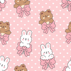 Cute bunny and bear with a bow on a pink background with hearts texture, kawaii animals valentines	
