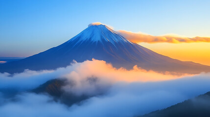 Mount fuji emerging from the morning mist at sunrise