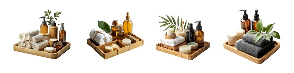Set of Bamboo Spa Trays with Towels, Candles, and Skincare Products Isolated on Transparent Background