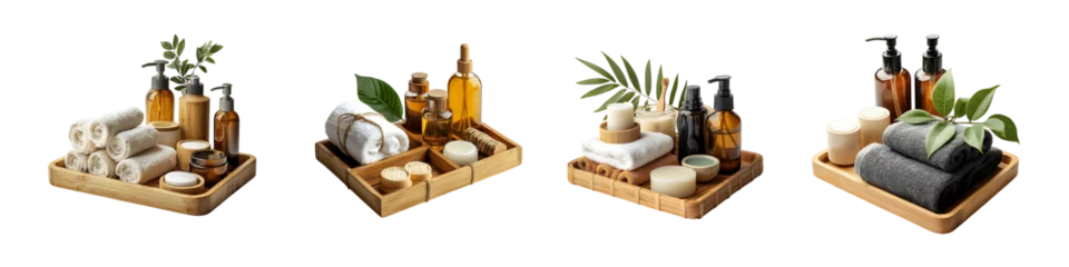 Fotobehang Set of Bamboo Spa Trays with Towels, Candles, and Skincare Products Isolated on Transparent Background © PNG SET GUY