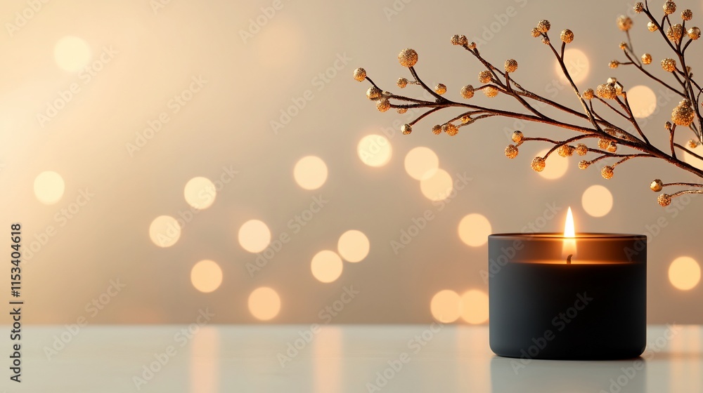 Poster lit candle with golden branch and bokeh lights.