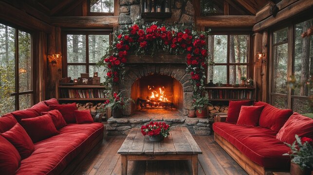 Cozy rustic living room with fireplace, red velvet sofas, and floral arrangement. - Powered by Adobe