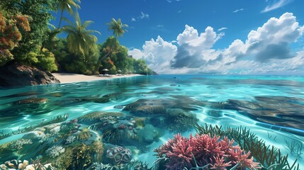 A lush tropical beach with turquoise waters and multicolored coral reefs visible beneath the surface