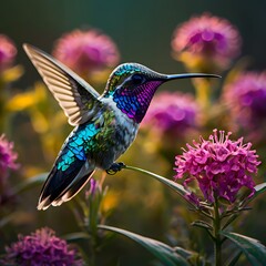 Obraz premium Hummingbird Feeding on Vibrant Pink Flowers