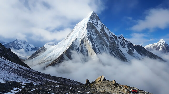 Majestic snow capped mountain peak emerging from clouds in the himalayas - Powered by Adobe