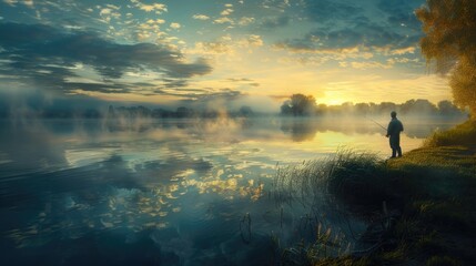 Fototapeta premium A man fishing at a tranquil lake at dawn, with mist rising from the water and the first light of day breaking the horizon