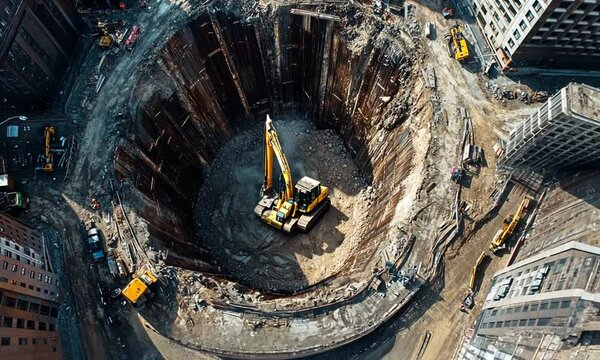 Aerial View of Urban Construction Site: Excavator in a Deep Foundation Pit