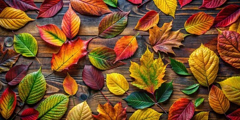 Fototapeta premium Vibrant Autumn Leaves Pattern on Rustic Wooden Table, Food Photography Background
