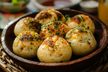 Delicious corn and cheese savory baked balls served on a wooden plate.