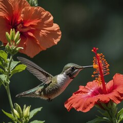 A hummingbird sipping nectar from a bright red hibiscus flower.