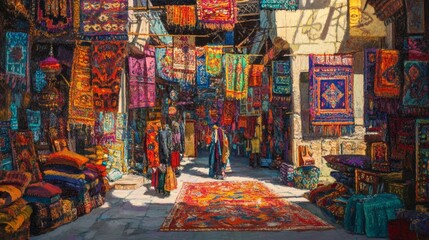 Fototapeta premium colorful bazaar, vibrant market, lively stalls, fresh produce, diverse goods