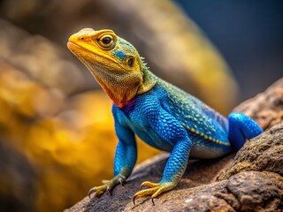 Vibrant Blue and Yellow Lizard on Rock, Side Profile, Copy Space