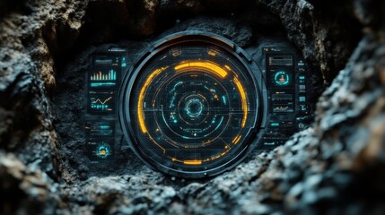 Futuristic interface embedded in rock.