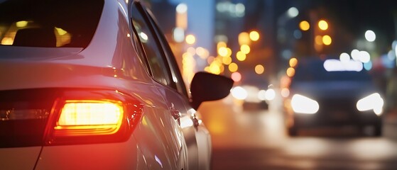 Nighttime city scene with cars and illuminated streets.