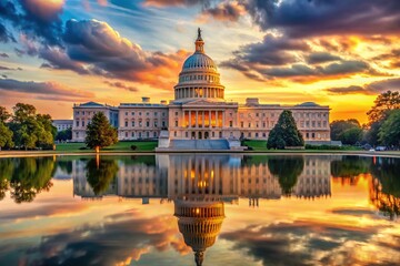 Fototapeta premium Capitol Building Reflection in Still Water, Majestic Government Architecture