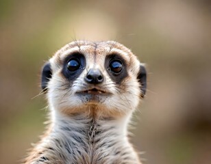 Fototapeta premium A close-up portrait of a curious meerkat with large eyes and a furry face, set against a blurred natural background