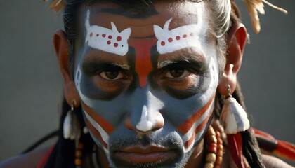 indigenous man with face paint and tribal jewelry, looking intensely at the camera