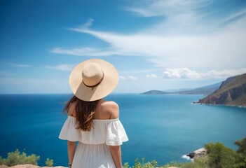 Fototapeta premium A young woman with long hair standing on a cliff overlooking a beautiful ocean with mountains in the distance