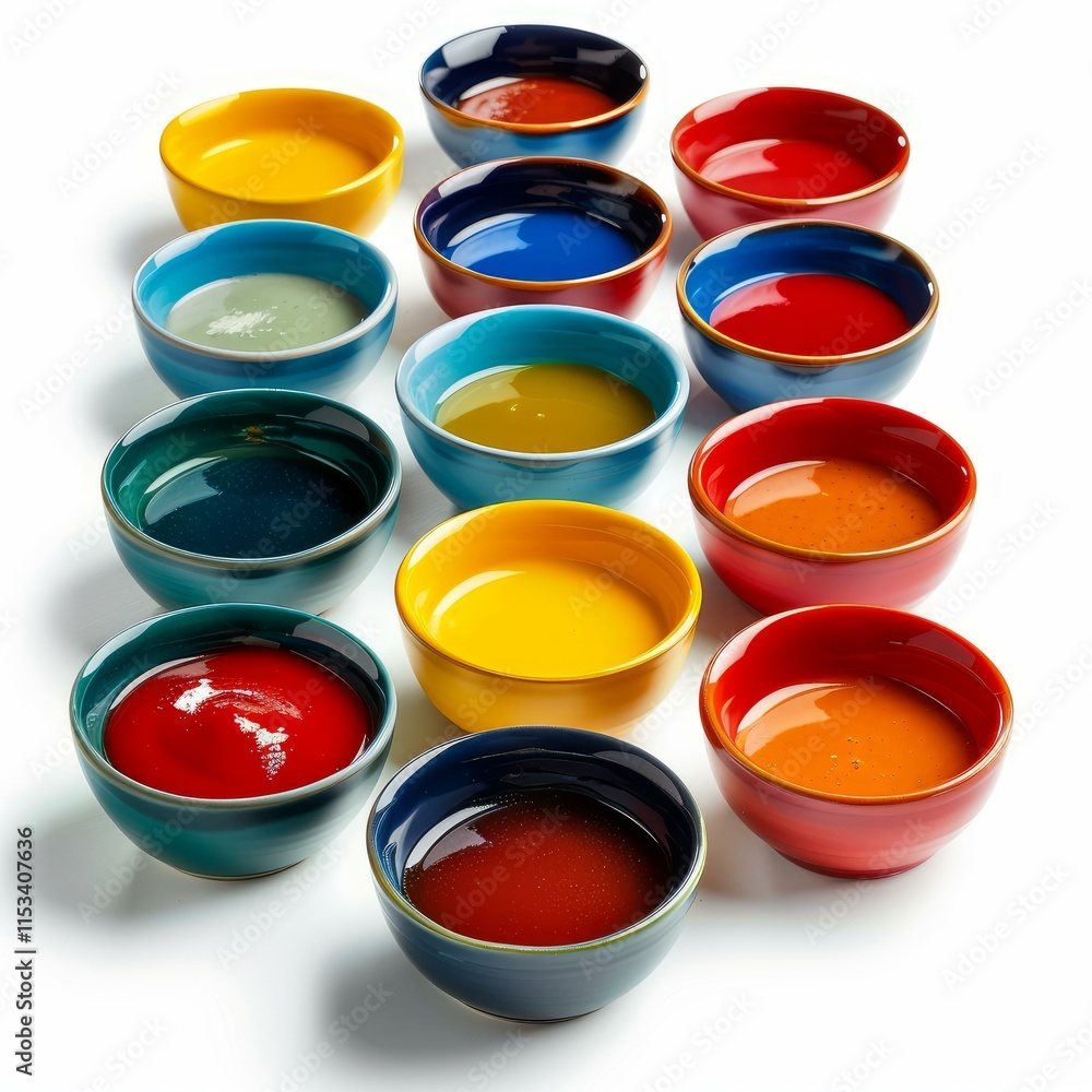Poster array of colorful sauces in small bowls, offering a diverse range of flavors for culinary exploratio
