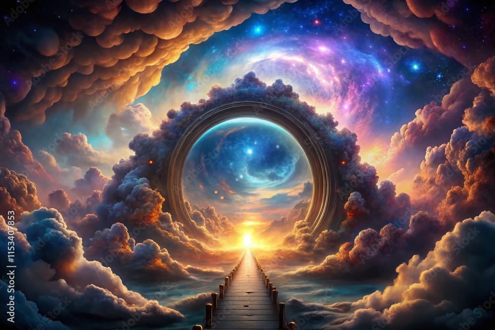 Poster celestial gateway: ethereal cloudscape portal to the cosmos