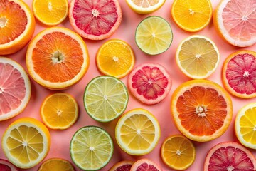 Fototapeta premium Vibrant Citrus Slices on Pastel Pink: Vitamin C & Abstract Background