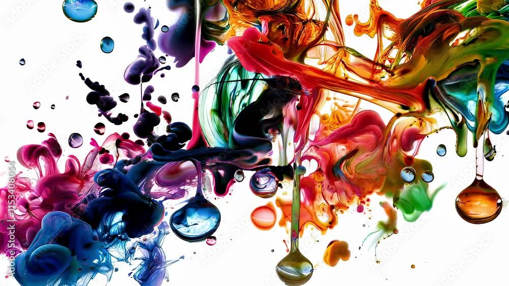 Poster dripping and swirling inks in various hues form a dynamic and artistic composition.