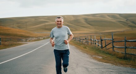 Mature caucasian man jogging on open road amidst rolling hills for fitness and wellness