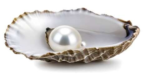 A single white pearl nestled inside an open oyster shell on a white background