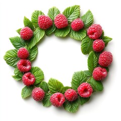 Wreath made of ripe raspberries and lush green leaves on white background.