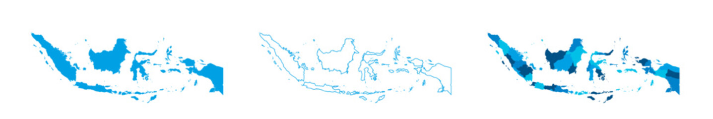 Indonesia set of three maps - solid map, outline map and map highlighting administrative divisions. Three distinct maps illustrate various representations of a geographical area.