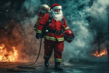 Fototapeta premium Santa claus firefighter walking near fire at night