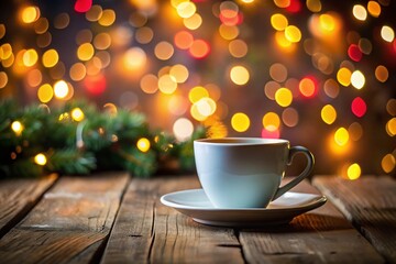 Fototapeta premium Christmas Coffee Mug Mockup: Silhouette of White Cup on Rustic Wooden Table with Festive Background